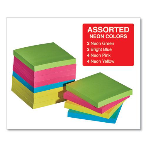 Self-Stick Note Pads, 3" x 3", Assorted Neon Colors, 100 Sheets/Pad, 12 Pads/Pack. Picture 3