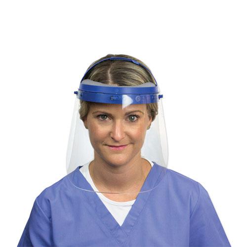 Fully Assembled Full Length Face Shield with Head Gear, 16.5 x 10.25 x 11, Clear/Blue, 16/Carton. Picture 5
