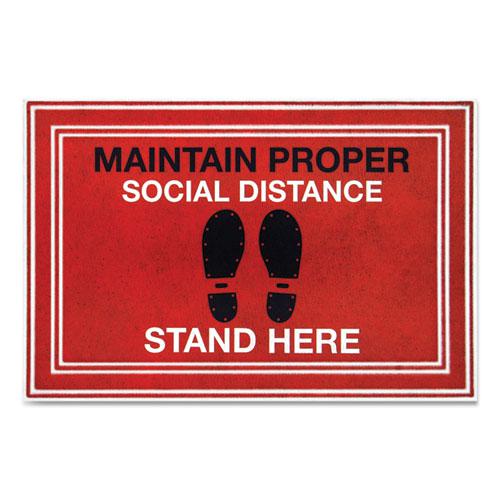 Message Floor Mats, 24 x 36, Red/Black, "Maintain Social Distance Stand Here". Picture 1