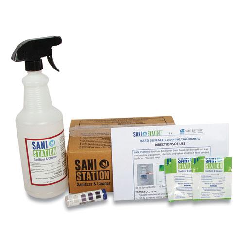 Sani Station Hard Surface Cleaner Kit, 1 Spray Bottle, 1 Tube Chlorine Test Strips, 100 0.5 oz Packets. The main picture.