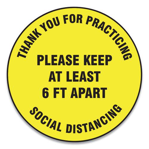 Slip-Gard Floor Signs, 17" Circle,"Thank You For Practicing Social Distancing Please Keep At Least 6 ft Apart", Yellow, 25/PK. Picture 1