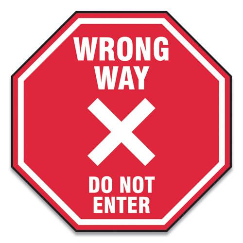 Slip-Gard Social Distance Floor Signs, 12 x 12, "Wrong Way Do Not Enter", Red, 25/Pack. The main picture.