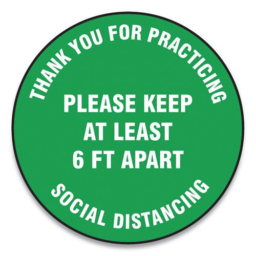 Slip-Gard Floor Signs, 12" Circle, "Thank You For Practicing Social Distancing Please Keep At Least 6 ft Apart", Green, 25/PK. Picture 1