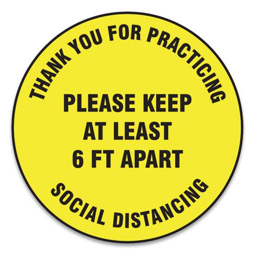 Slip-Gard Floor Signs, 12" Circle,"Thank You For Practicing Social Distancing Please Keep At Least 6 ft Apart", Yellow, 25/PK. Picture 1