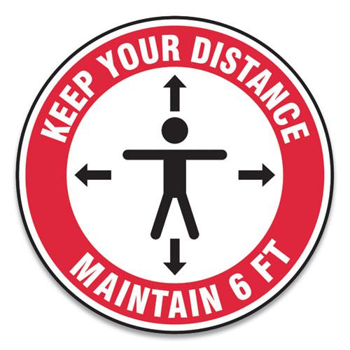 Slip-Gard Social Distance Floor Signs, 17" Circle, "Keep Your Distance Maintain 6 ft", Human/Arrows, Red/White, 25/Pack. The main picture.