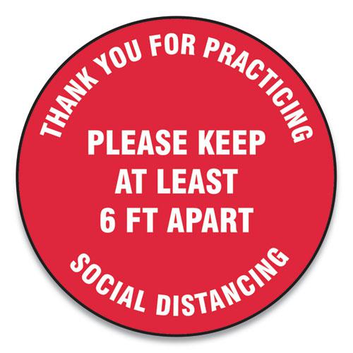 Slip-Gard Floor Signs, 12" Circle, "Thank You For Practicing Social Distancing Please Keep At Least 6 ft Apart", Red, 25/Pack. Picture 1