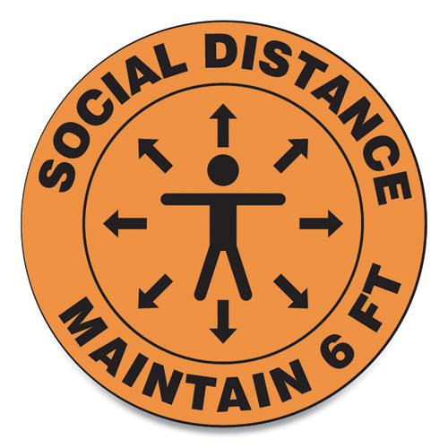 Slip-Gard Social Distance Floor Signs, 12" Circle, "Social Distance Maintain 6 ft", Human/Arrows, Orange, 25/Pack. Picture 1