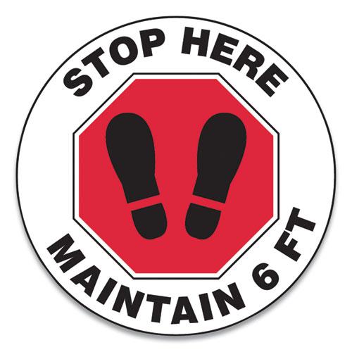 Slip-Gard Social Distance Floor Signs, 17" Circle, "Stop Here Maintain 6 ft", Footprint, Red/White, 25/Pack. Picture 1