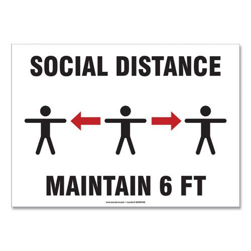 Social Distance Signs, Wall, 14 x 10, "Social Distance Maintain 6 ft", 3 Humans/Arrows, White, 10/Pack. Picture 1