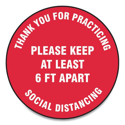 Slip-Gard Floor Signs, 17" Circle, "Thank You For Practicing Social Distancing Please Keep At Least 6 ft Apart", Red, 25/Pack. Picture 1