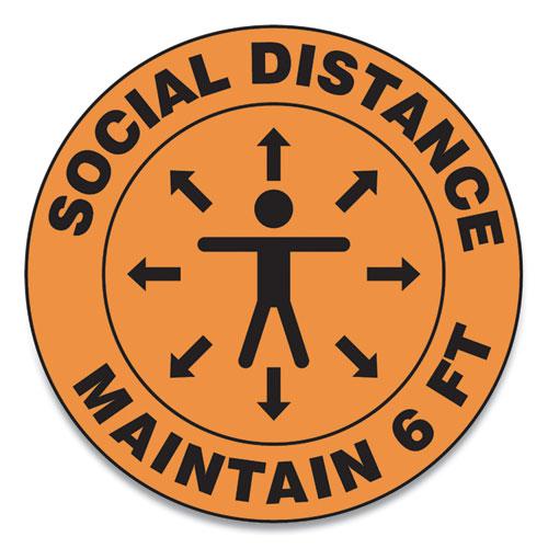 Slip-Gard Social Distance Floor Signs, 17" Circle, "Social Distance Maintain 6 ft", Human/Arrows, Orange, 25/Pack. Picture 1