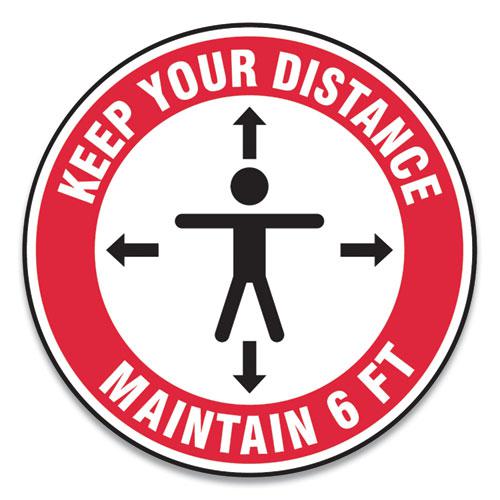 Slip-Gard Social Distance Floor Signs, 12" Circle, "Keep Your Distance Maintain 6 ft", Human/Arrows, Red/White, 25/Pack. Picture 1