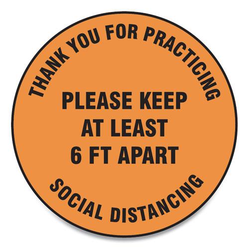 Slip-Gard Floor Signs, 12" Circle,"Thank You For Practicing Social Distancing Please Keep At Least 6 ft Apart", Orange, 25/PK. Picture 1