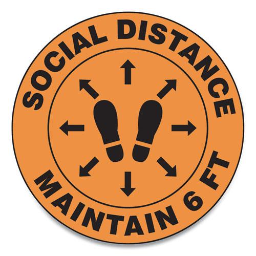Slip-Gard Social Distance Floor Signs, 12" Circle, "Social Distance Maintain 6 ft", Footprint, Orange, 25/Pack. Picture 1