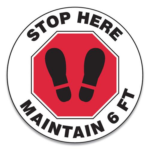 Slip-Gard Social Distance Floor Signs, 12" Circle, "Stop Here Maintain 6 ft", Footprint, Red/White, 25/Pack. Picture 1