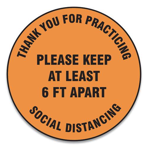 Slip-Gard Floor Signs, 17" Circle,"Thank You For Practicing Social Distancing Please Keep At Least 6 ft Apart", Orange, 25/PK. Picture 1