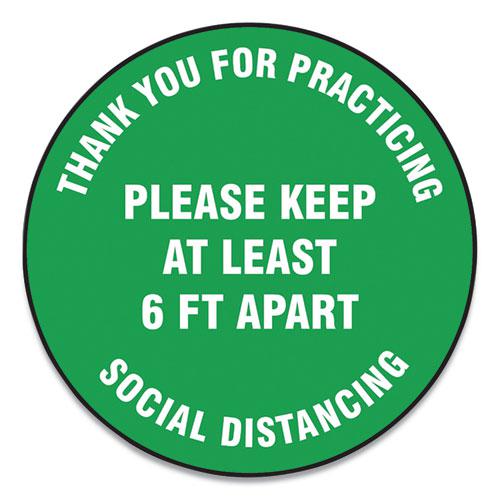 Slip-Gard Floor Signs, 17" Circle, "Thank You For Practicing Social Distancing Please Keep At Least 6 ft Apart", Green, 25/PK. Picture 1