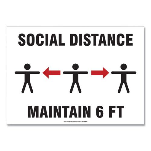 Social Distance Signs, Wall, 10 x 7, "Social Distance Maintain 6 ft", 3 Humans/Arrows, White, 10/Pack. The main picture.
