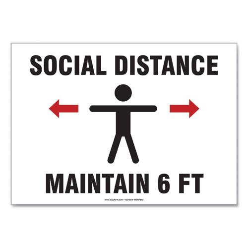 Social Distance Signs, Wall, 14 x 10, "Social Distance Maintain 6 ft", Human/Arrows, White, 10/Pack. Picture 1