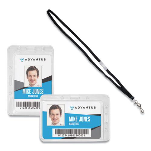 Antimicrobial ID Security Badge Lanyard Combo, Horizontal, Clear 4.13" x 2.88" Holder, 3.5" x 2.25" Insert, 36" Cord, 20/Pack. The main picture.