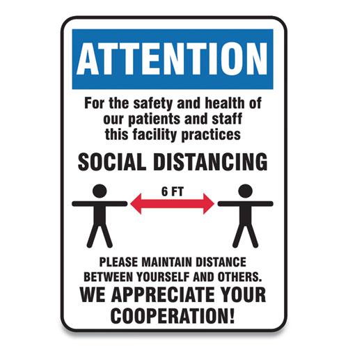 Social Distance Signs, Wall, 7 x 10, Patients and Staff Social Distancing, Humans/Arrows, Blue/White, 10/Pack. Picture 1