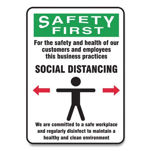 Social Distance Signs, Wall, 7 x 10, Customers and Employees Distancing Clean Environment, Humans/Arrows, Green/White, 10/PK. Picture 1