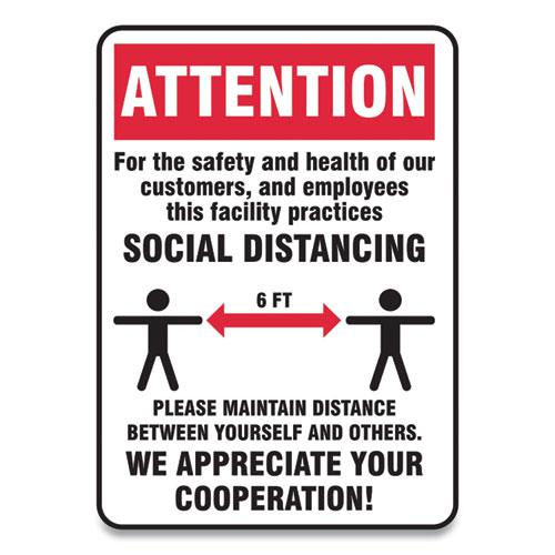Social Distance Signs, Wall, 7 x 10, Customers and Employees Distancing, Humans/Arrows, Red/White, 10/Pack. Picture 1