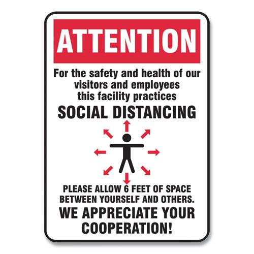 Social Distance Signs, Wall, 7 x 10, Visitors and Employees Distancing, Humans/Arrows, Red/White, 10/Pack. Picture 1