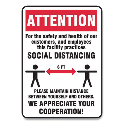Social Distance Signs, Wall, 10 x 14, Customers and Employees Distancing, Humans/Arrows, Red/White, 10/Pack. Picture 1