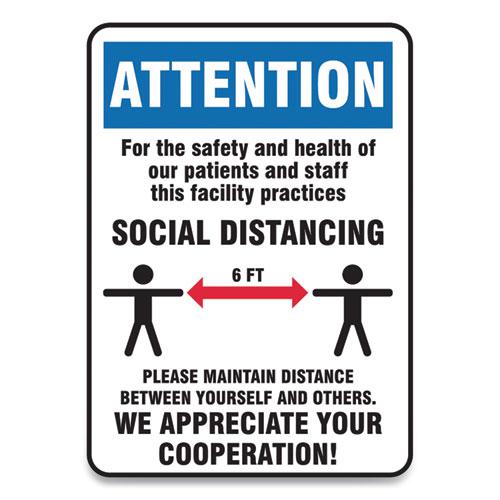 Social Distance Signs, Wall, 10 x 14, Patients and Staff Social Distancing, Humans/Arrows, Blue/White, 10/Pack. Picture 1