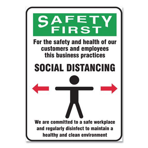 Social Distance Signs, Wall, 10 x 14, Customers and Employees Distancing Clean Environment, Humans/Arrows, Green/White, 10/PK. Picture 1