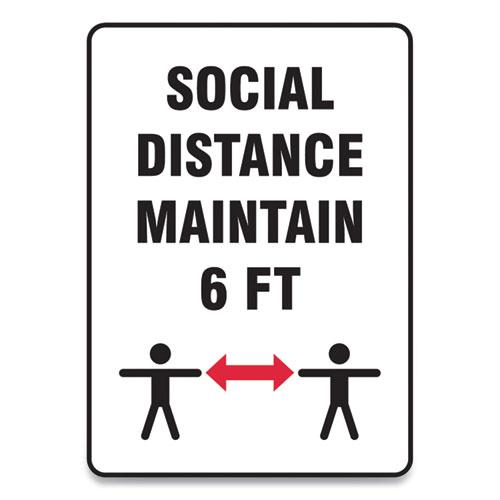 Social Distance Signs, Wall, 7 x 10, "Social Distance Maintain 6 ft", 2 Humans/Arrows, White, 10/Pack. Picture 1
