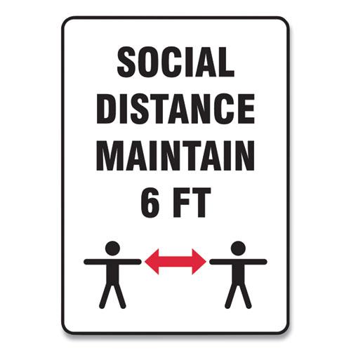 Social Distance Signs, Wall, 10 x 14, "Social Distance Maintain 6 ft", 2 Humans/Arrows, White, 10/Pack. Picture 1