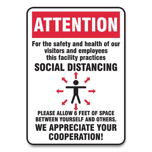 Social Distance Signs, Wall, 10 x 14, Visitors and Employees Distancing, Humans/Arrows, Red/White, 10/Pack. Picture 1