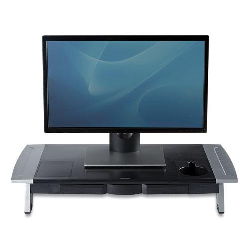 Office Suites Premium Monitor Riser, 27" x 14" x 4" to 6.5", Black/Silver. Picture 2