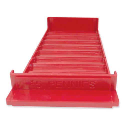 Stackable Plastic Coin Tray, Pennies, 10 Compartments, Stackable, 3.75 x 11.5 x 1.5, Red, 2/Pack. Picture 1