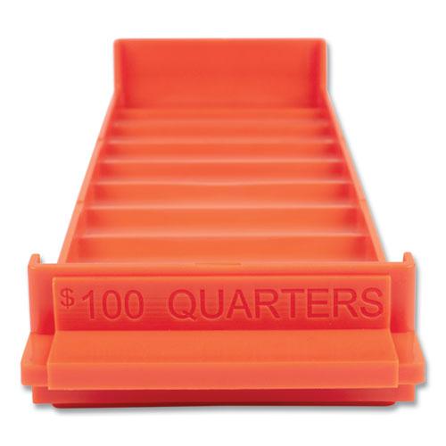 Stackable Plastic Coin Tray, Quarters, 10 Compartments, Stackable, 3.75 x 11.5 x 1.5, Orange, 2/Pack. The main picture.