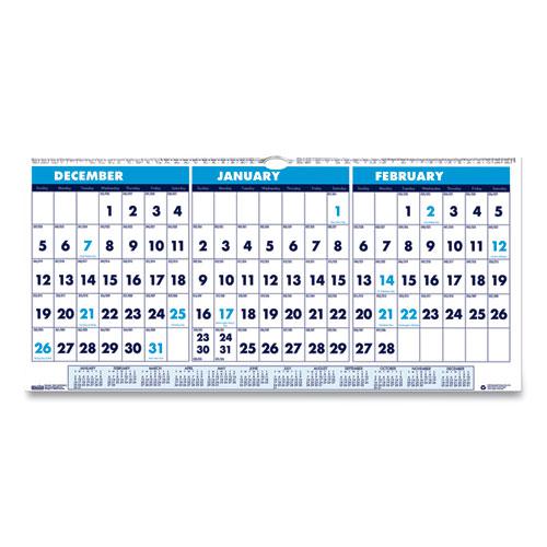 Recycled Three-Month Format Wall Calendar, Horizontal Orientation, 23.5 x 12, White Sheets, 14-Month (Dec-Jan): 2023-2025. Picture 1