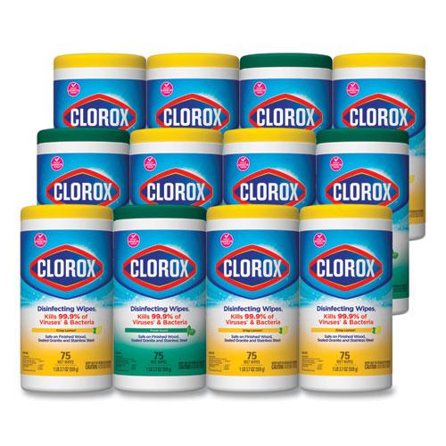 Disinfecting Wipes, 1-Ply, 7 x 8, Fresh Scent/Citrus Blend, White, 75/Canister, 3/Pack, 4 Packs/Carton. The main picture.