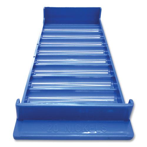 Stackable Plastic Coin Tray, 10 Compartments, Stackable, 3.75 x 10.5 x 1.5, Blue, 2/Pack. The main picture.