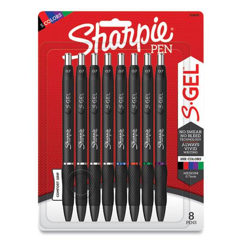 S-Gel High-Performance Gel Pen, Retractable, Medium 0.7 mm, Five Assorted Ink Colors, Black Barrel, 8/Pack. Picture 1