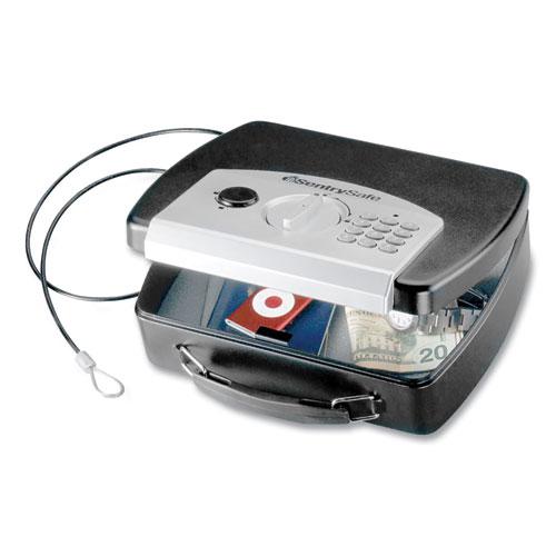 P008E Portable Electronic Security Safe, 0.08 cu ft, 10 x 7.9 x 2.9, Black/Silver. Picture 1