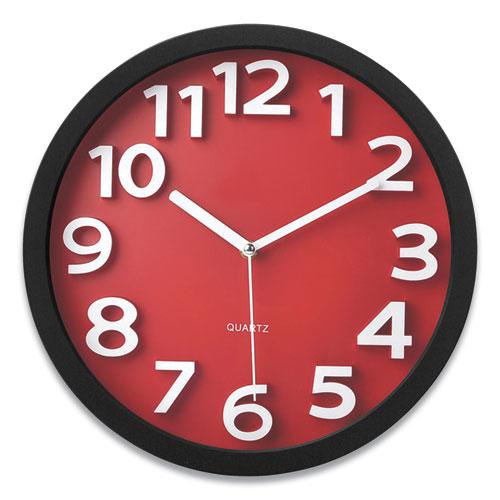 Wall Clock with Raised Numerals and Silent Sweep Dial, 13" Overall Diameter, Black Case, Red Face, 1 AA (sold separately). Picture 1