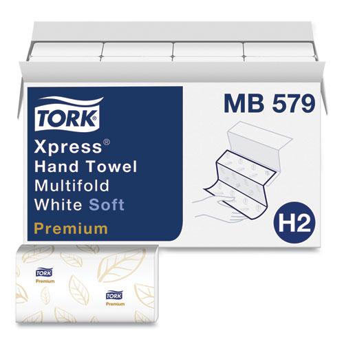 Premium Soft Xpress 3-Panel Multifold Hand Towels, 2-Ply, 9.13 x 9.5, White with Blue Leaf, 135/Packs, 16 Packs/Carton. Picture 1
