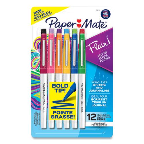 Flair Felt Tip Porous Point Pen, Stick, Bold 1.2 mm, Assorted Ink Colors, White Pearl Barrel, 12/Pack. Picture 1