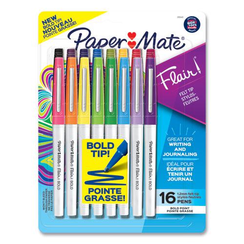 Flair Felt Tip Porous Point Pen, Stick, Bold 1.2 mm, Assorted Ink Colors, White Pearl Barrel, 16/Pack. The main picture.
