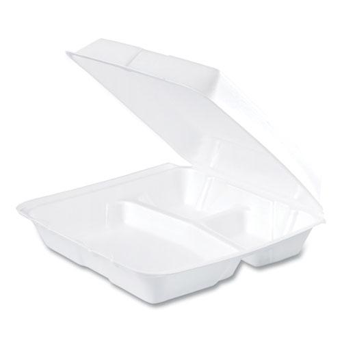 Foam Hinged Lid Containers, 3-Compartment, 9.25 x 9.5 x 3, White, 200/Carton. Picture 2
