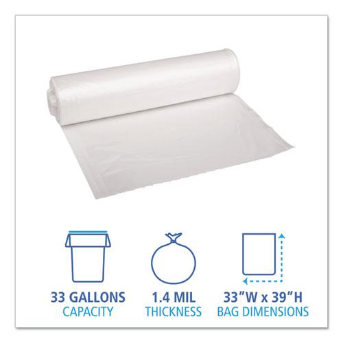 Recycled Low-Density Polyethylene Can Liners, 33 gal, 1.4 mil, 33" x 39", Clear, 10 Bags/Roll, 10 Rolls/Carton. Picture 2