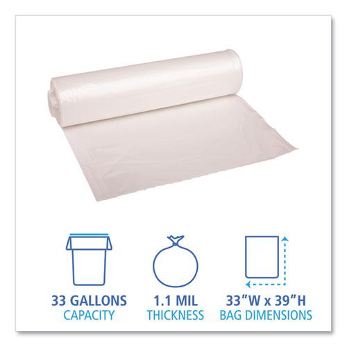 Recycled Low-Density Polyethylene Can Liners, 33 gal, 1.1 mil, 33" x 39", Clear, 10 Bags/Roll, 10 Rolls/Carton. Picture 2
