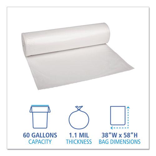 Recycled Low-Density Polyethylene Can Liners, 60 gal, 1.1 mil, 38" x 58", Clear, 10 Bags/Roll, 10 Rolls/Carton. Picture 2